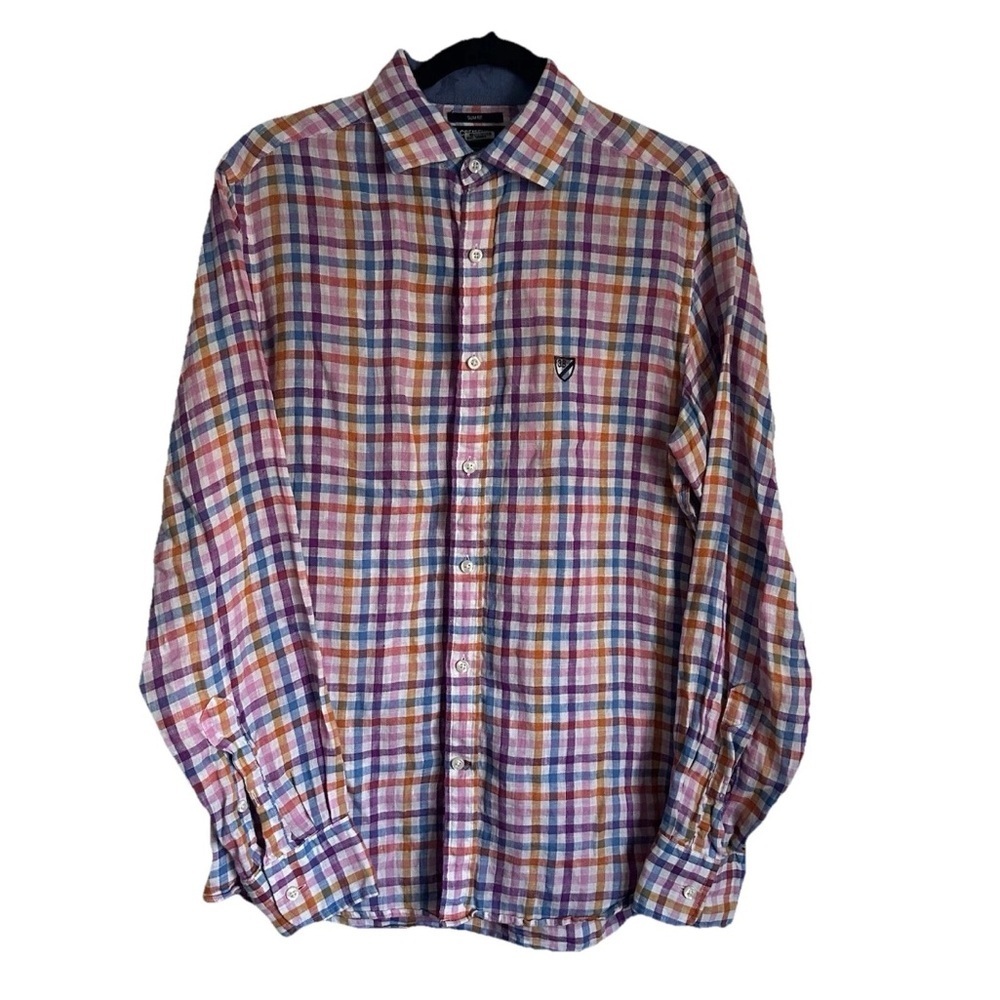 Cremieux Shirt Mens M Pastel Plaid 100% Linen Slim Long Sleeve Button Up Preppy